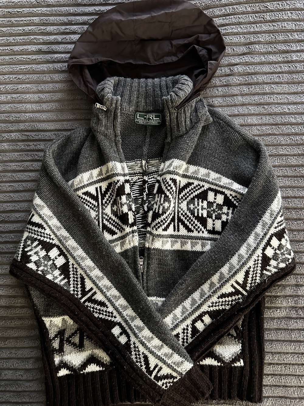 Lauren Active Nordic Snowflake Sweater- Est. Large- Gray White- Hidden Hood